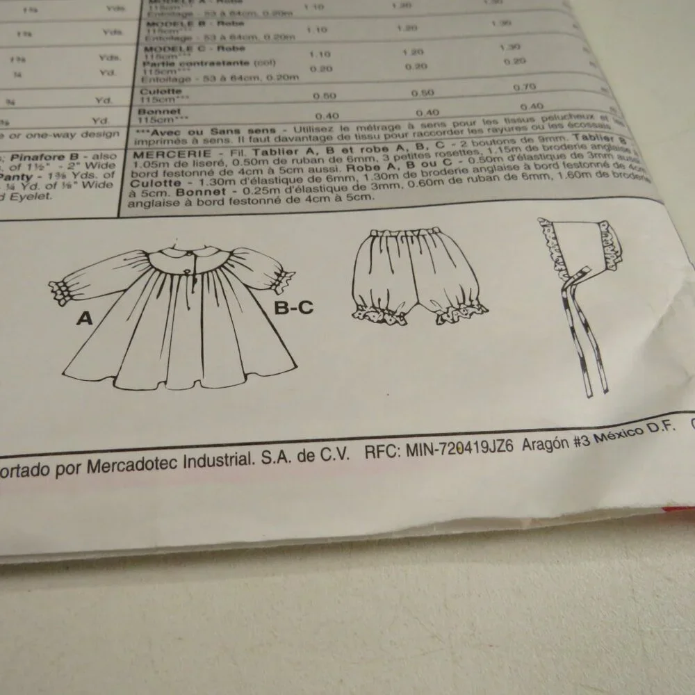 McCalls 9204 Sewing Clothing Pattern NEW BORN size Pinafore Dress, Bonnet, etc.